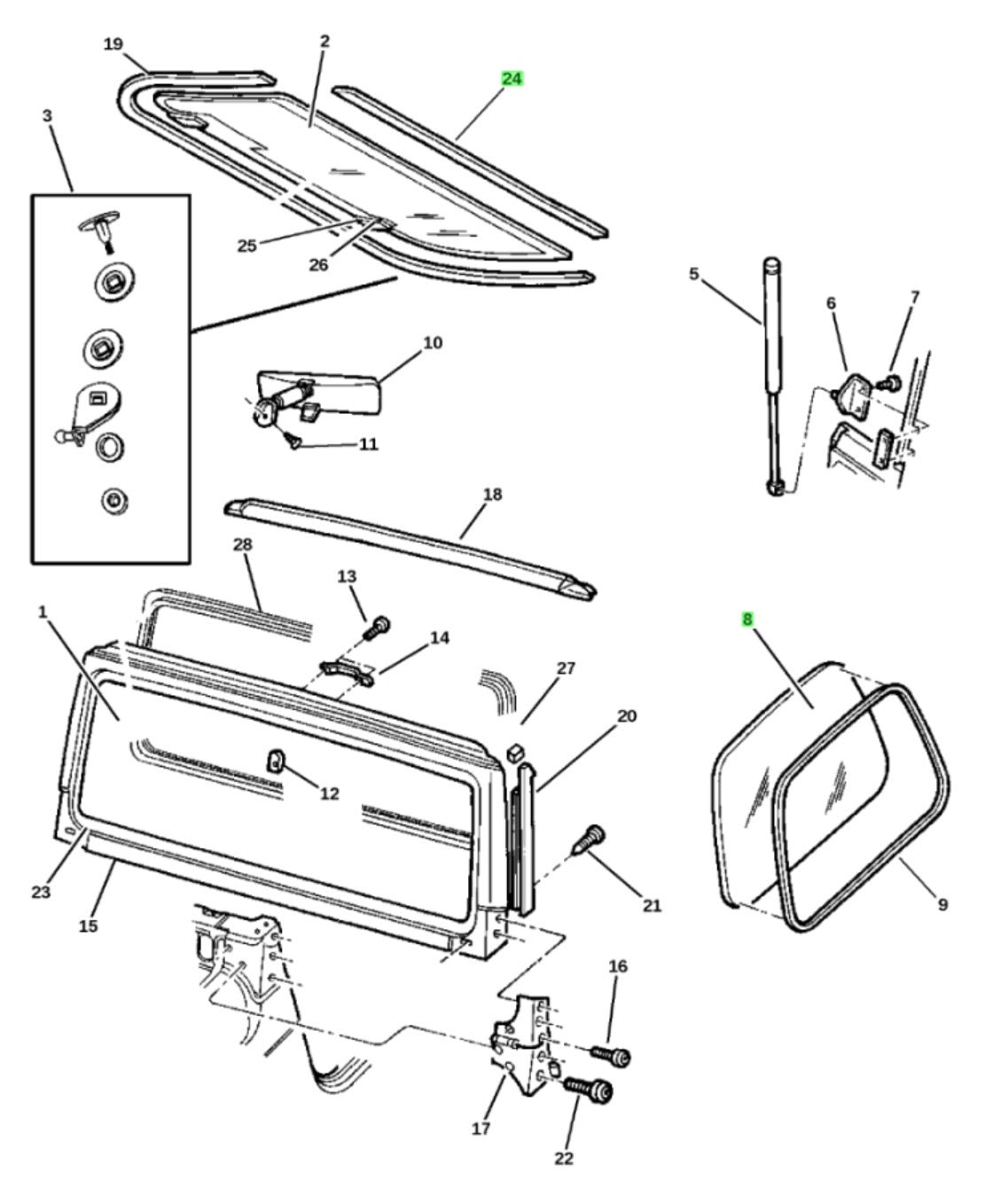 GUARNIZIONE E FERMO/ELEMENTO DI FISSAGGIO DEL VETRO DEL PORTELLONE (O LUNOTTO) FAIRCHILD PER JEEP TJ - Autoricambi4x4